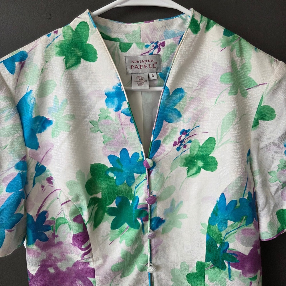 Vintage Adrianna Papell 100% Silk Floral Skirt Set Blue Green Purple Womens 8 - Picture 4 of 13